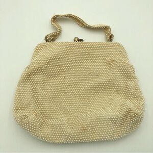 Vintage 1950s Lumured Beige Beaded Handbag OS